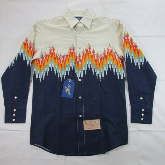 Panhandle Slim Men's Long Sleeve Aztec Beaded Border Snap Shirt Navy/Beige - Picture 1 of 2